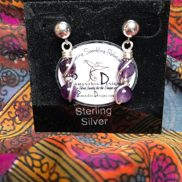 Amethyst Earrings- Amethyst Dangle Earrings On Sterling Silver Ball Posts - Picture 2 of 4